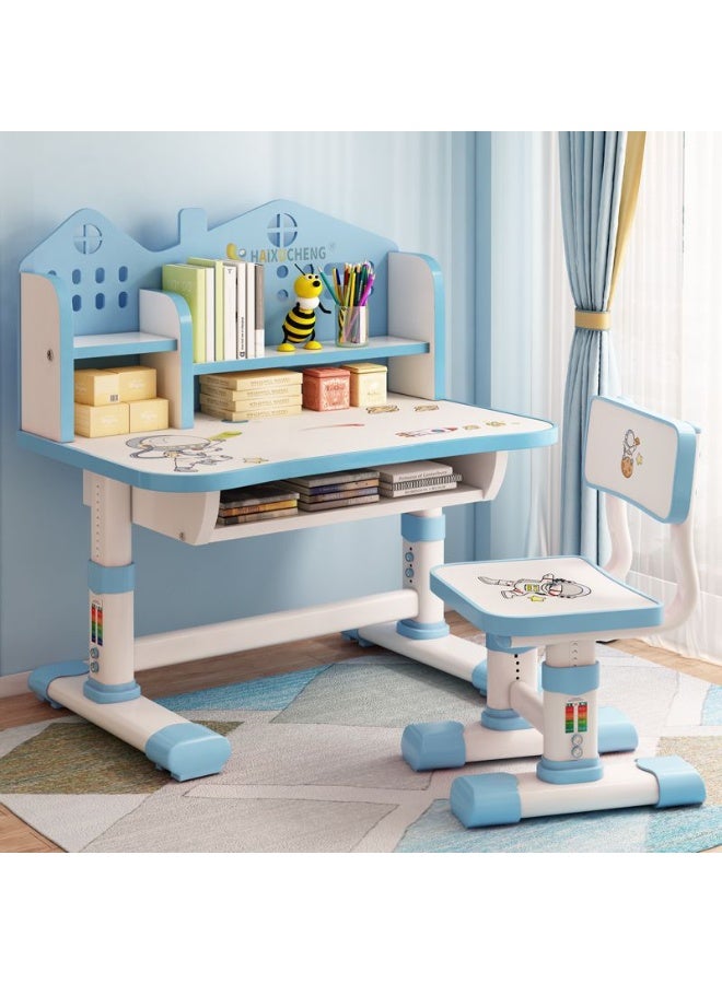 POWER Children's desk and chair set, multi-functional children's reading and learning activity table, ergonomic toddler chair, with storage drawers, bookshelf, and double shelves, suitable for students' writing and learning (sky blue). - Image 1